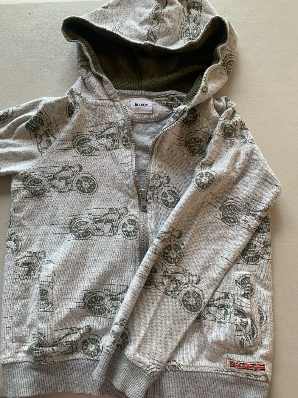 Hudson Jeans Kids Grey Hoodie with Green Motorcycle Print
